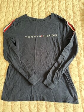 Tommy Hilfiger Navy Long Sleeve Logo Shirt with Red & White Stripe Accents